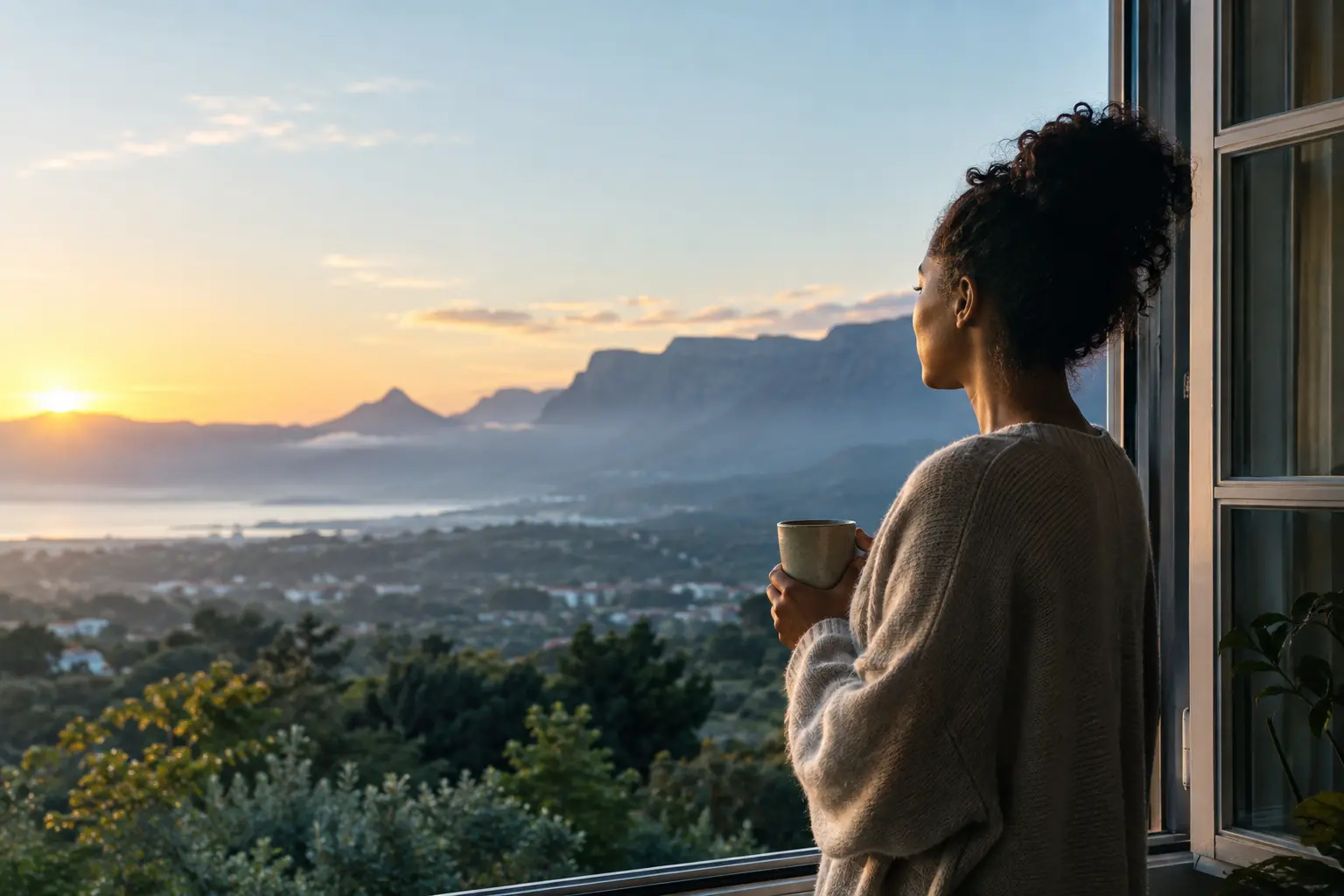 Person looking toward a mountain sunrise from a window