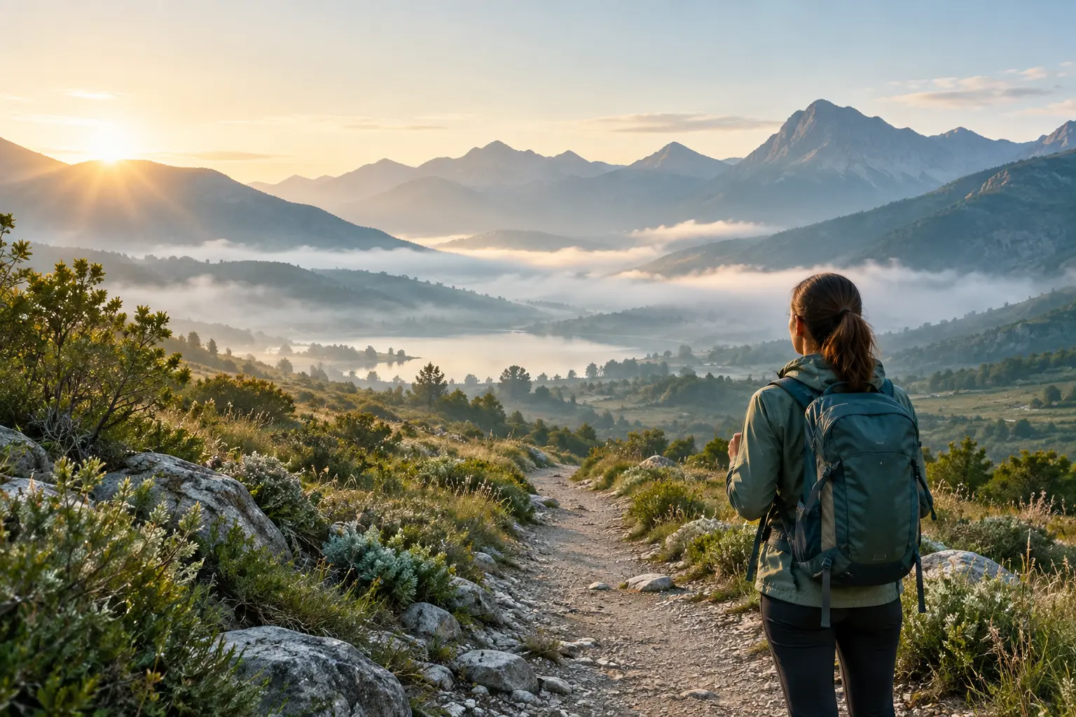 Hiker pausing at the start of a mountain path