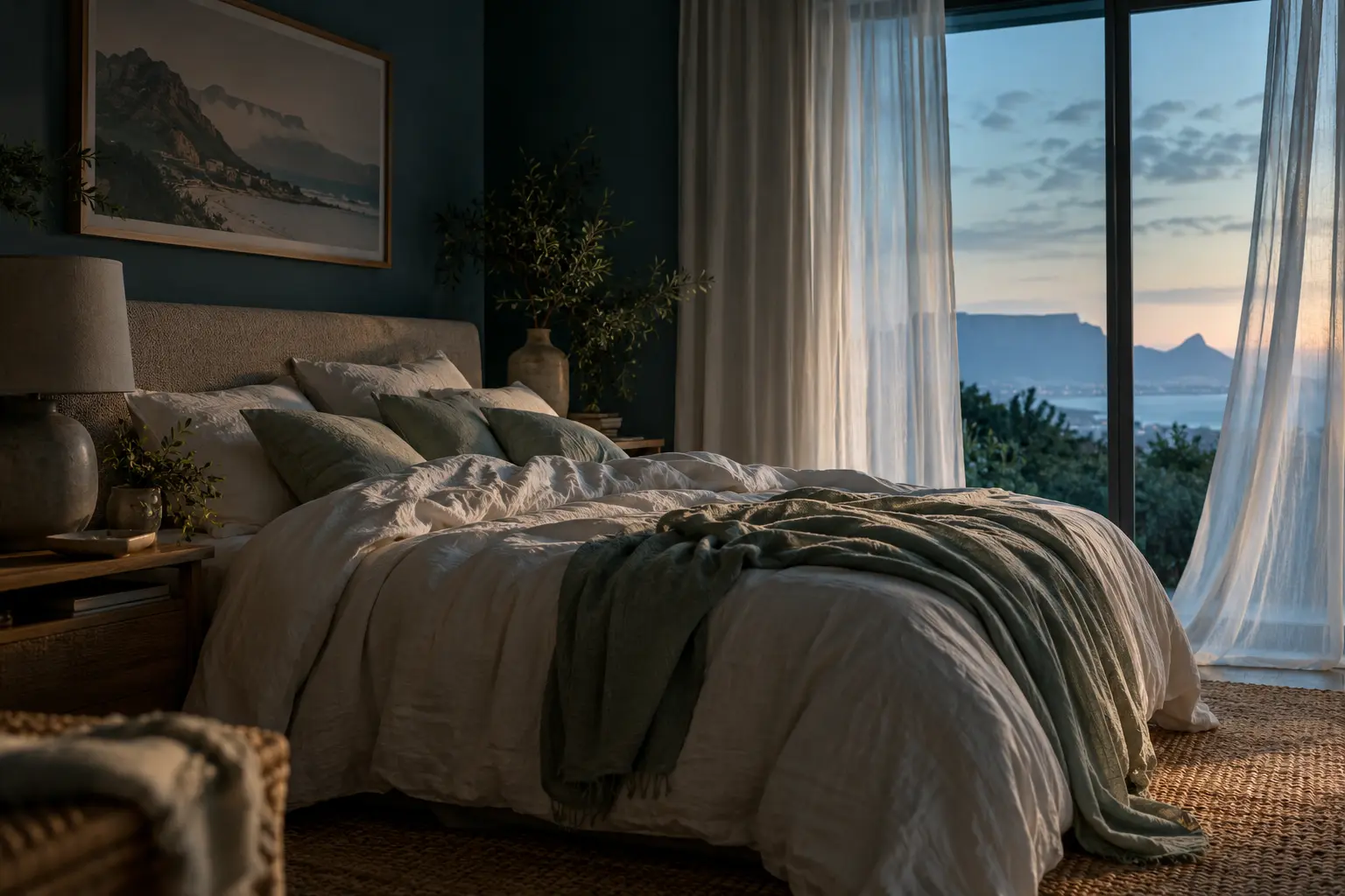 Quiet bedroom with soft light through the curtains