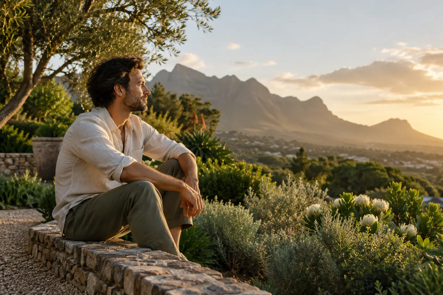 Person seated in a garden looking toward the mountains