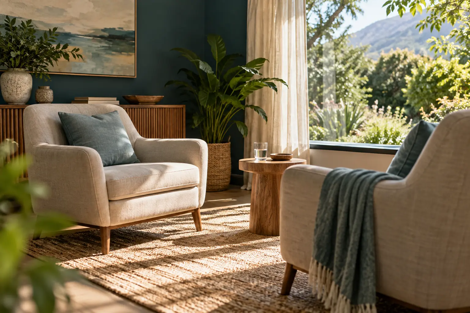 A quiet room with two chairs and a small table