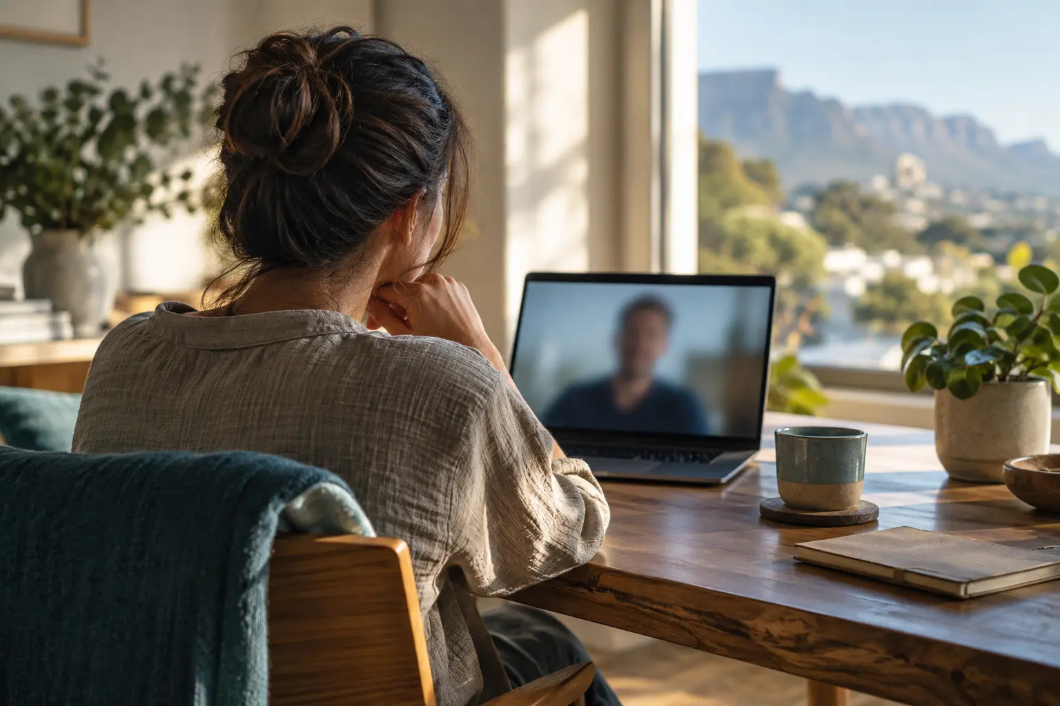 Person having a video conversation from home