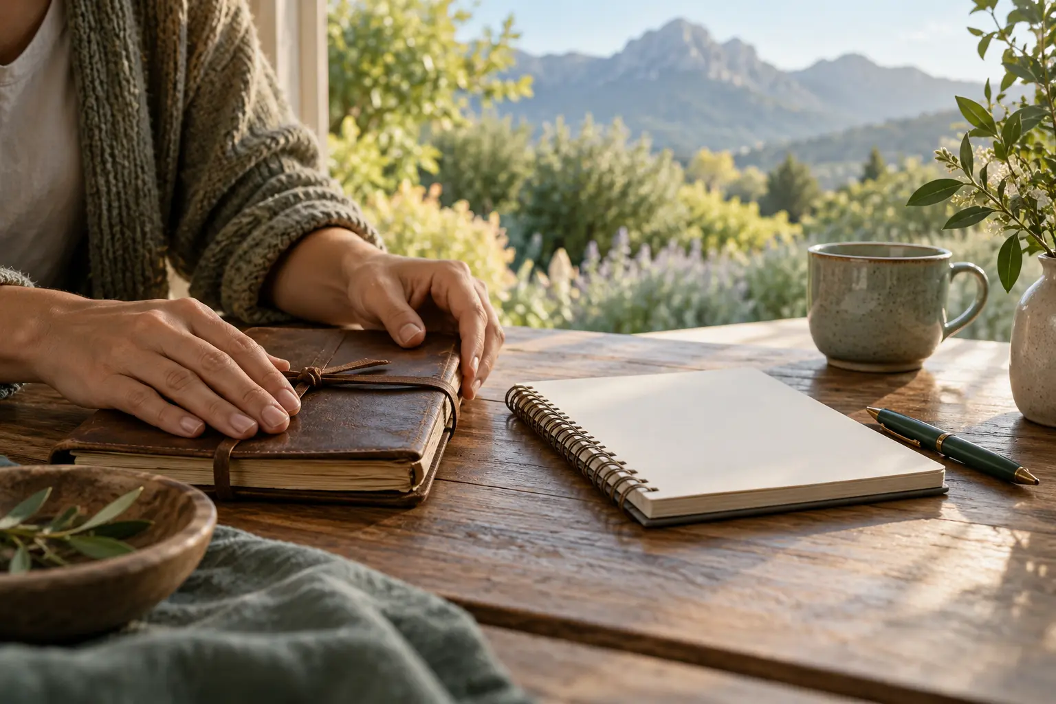 Hands beside a closed journal and a blank notebook